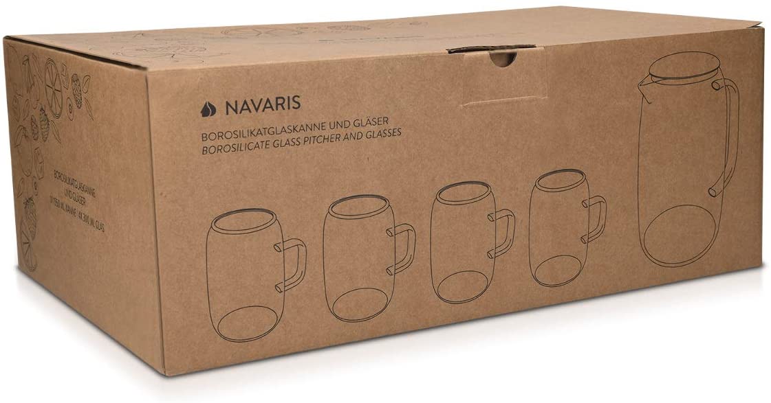 Navaris Glass Water Carafe with Silicone Lid and 4 Glasses Γυάλινη Κανάτα Νερού με Καπάκι Σιλικόνης και 4 Ποτήρια - 1,55L - Blue / Διάφανη - 51066.04.05