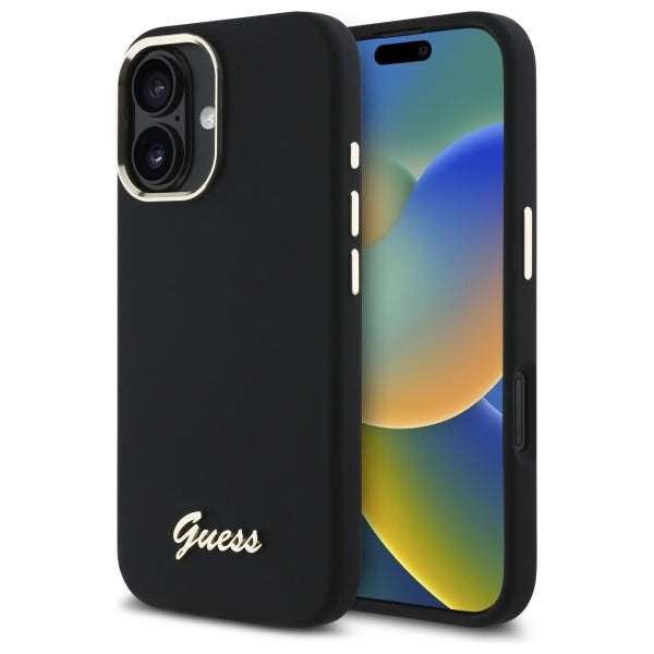 Guess iPhone 16 - Silicone Script Metal Logo and Frame - Σκληρή Θήκη με Πλαίσιο Σιλικόνης - Black - GUHCP16SSMBSLK