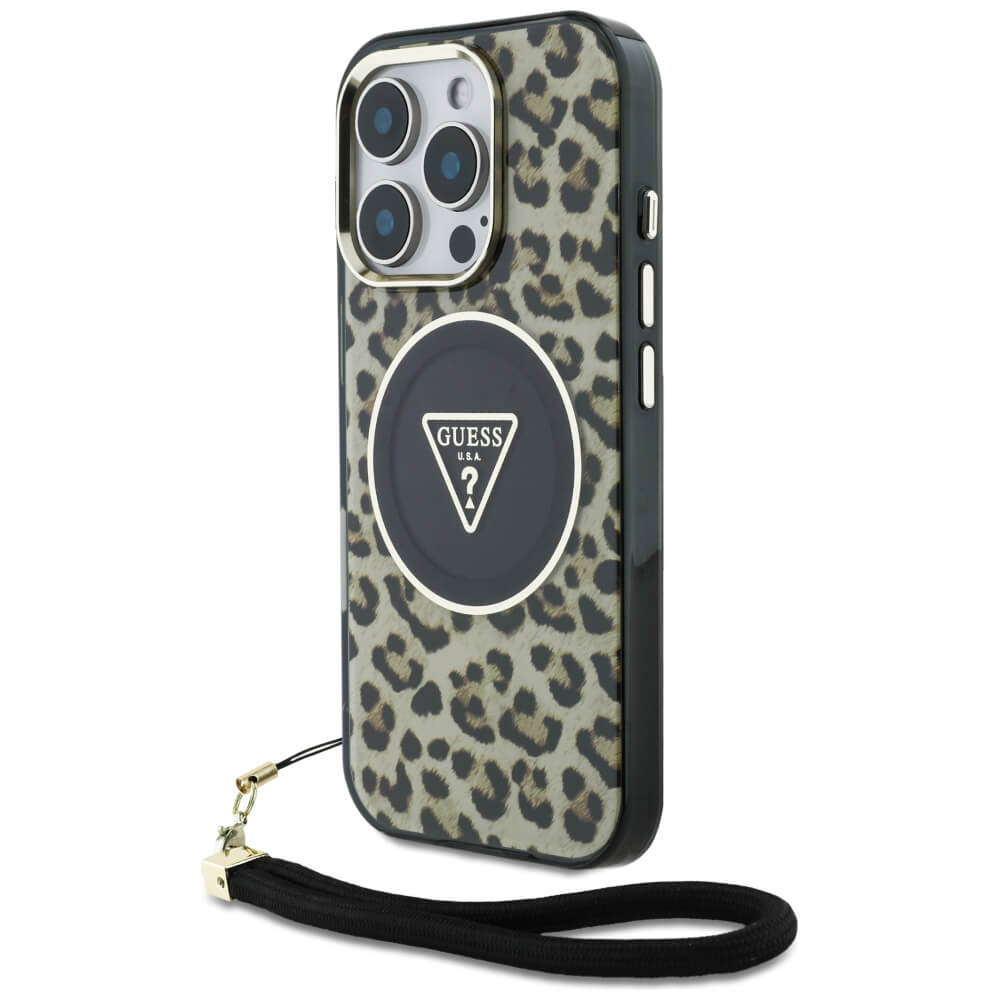 Guess iPhone 16 Pro Max - HC IML Leopard Triangle Cord Strap MagSafe - Σκληρή Θήκη με Πλαίσιο Σιλικόνης και Λουράκι - Brown - GUHMP16XHLORSSW