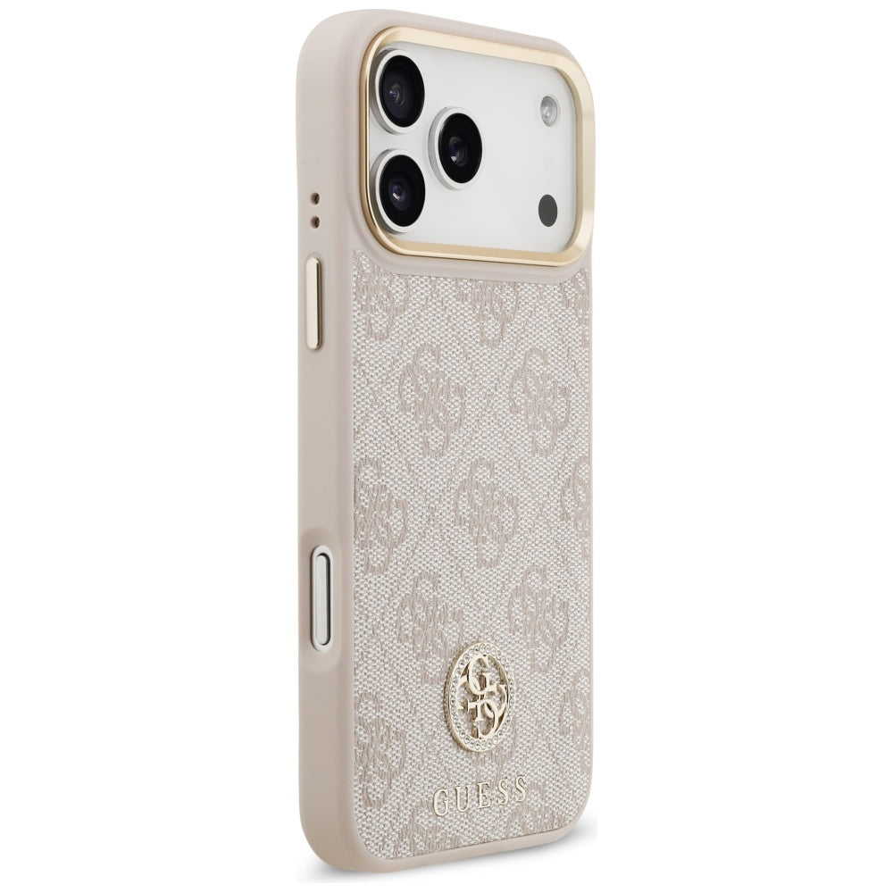 Guess iPhone 17 Pro Max - 4G Strass Logo and Big Strap Metal Buttons MagSafe - Θήκη με Επένδυση Συνθετικού Δέρματος και Λουράκι - Pink - GUHMP17XP4G4DCSP