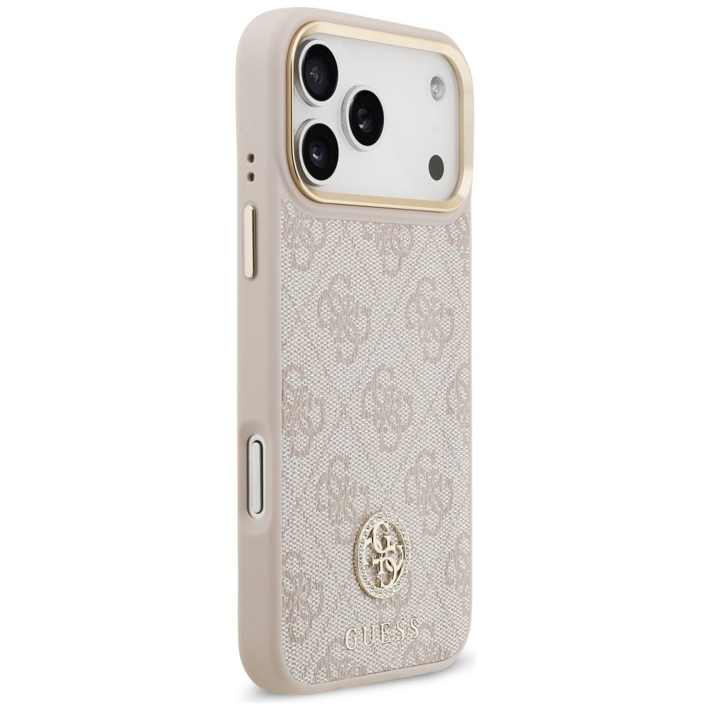 Guess iPhone 17 Pro Max - 4G Strass Logo and Big Strap Metal Buttons MagSafe - Θήκη με Επένδυση Συνθετικού Δέρματος και Λουράκι - Pink - GUHMP17XP4G4DCSP