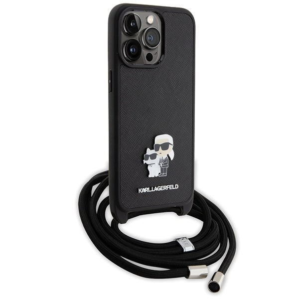 Karl Lagerfeld iPhone 15 Pro Max - Crossbody Saffiano Metal Pin Karl Choupette Σκληρή Θήκη με Επένδυση Συνθετικού Δέρματος και Λουράκι - Black - KLHCP15XSAKCPSK