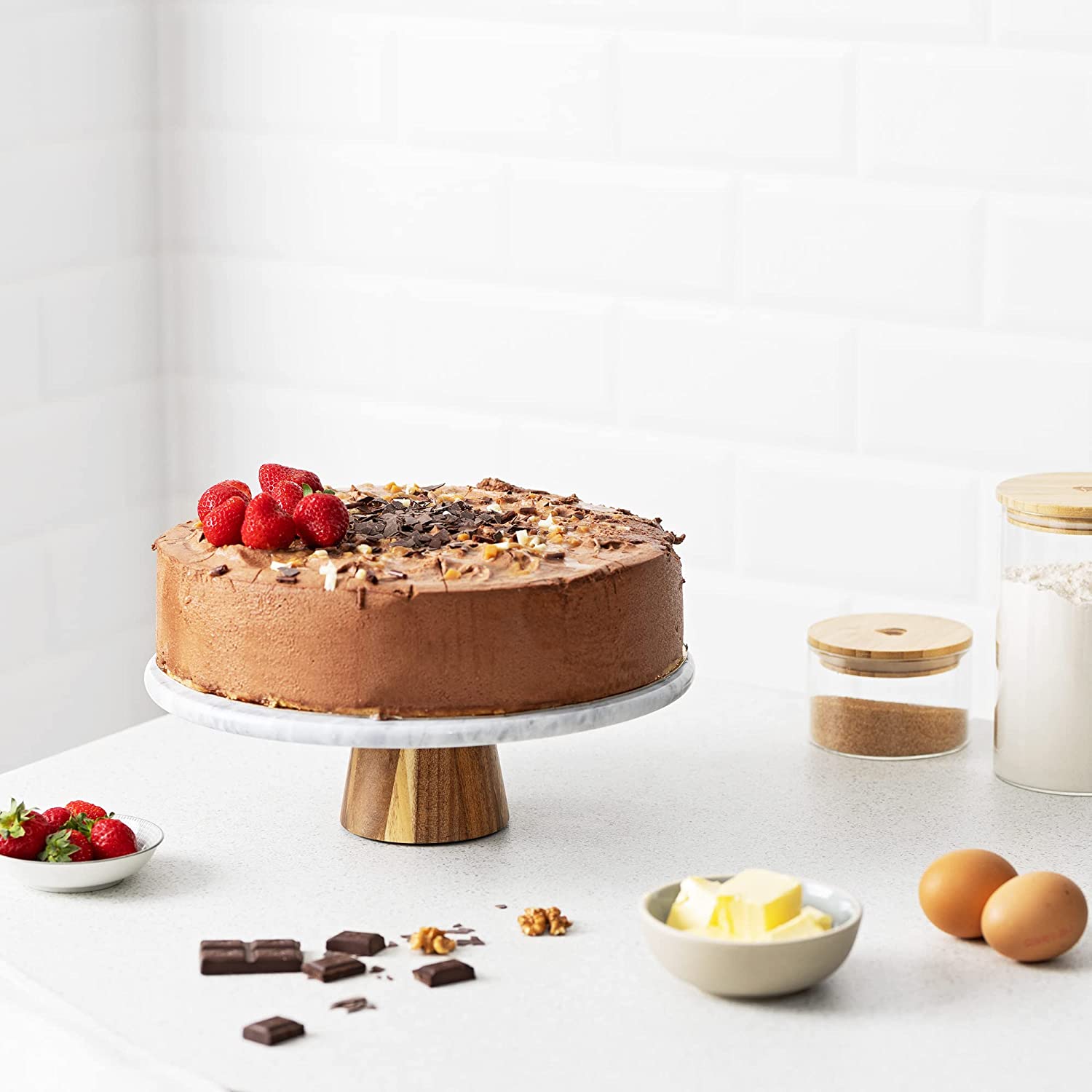 Navaris Περιστρεφόμενη Τουρτιέρα από Mάρμαρο και Βάση από Ακακία - Natural / White - 57830.01