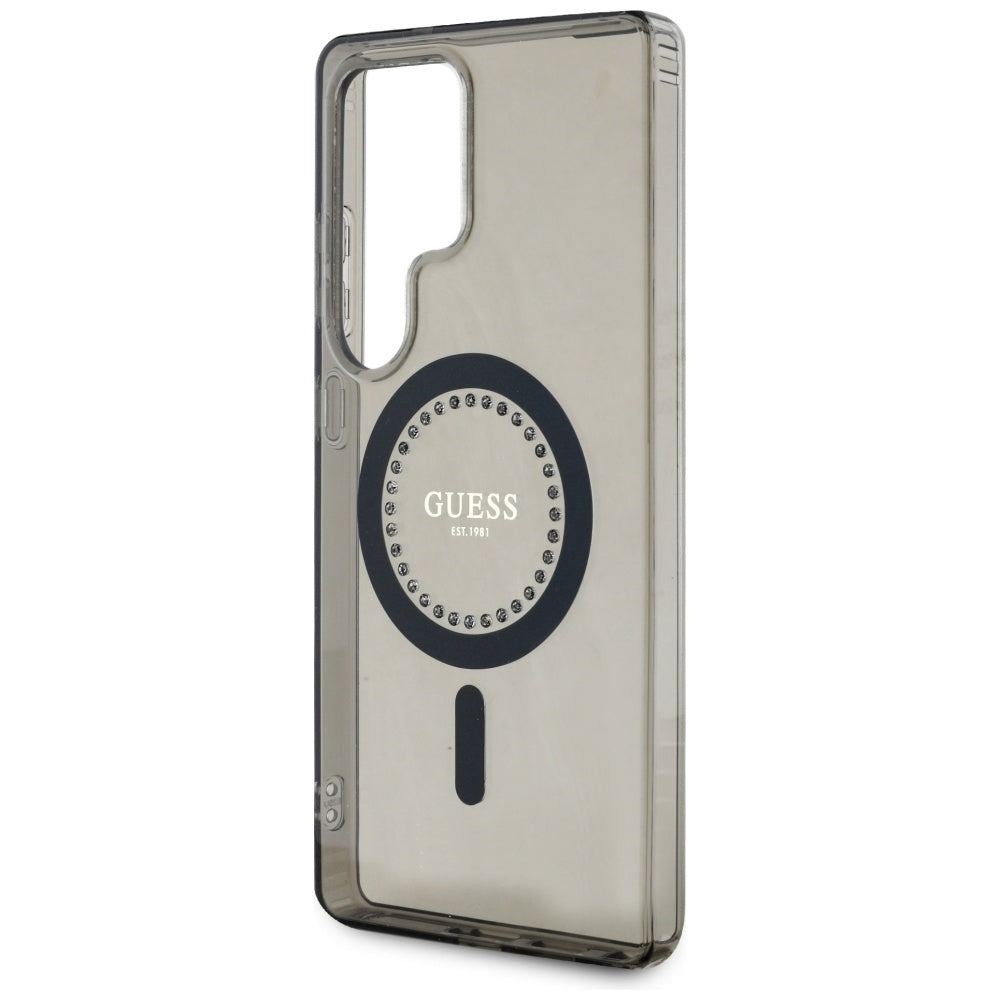 Guess Samsung Galaxy S25 Ultra - Rhinestones Printed Classic Logo - MagSafe Σκληρή Θήκη με Πλαίσιο Σιλικόνης - Black - GUHMS25LPFTDTEK