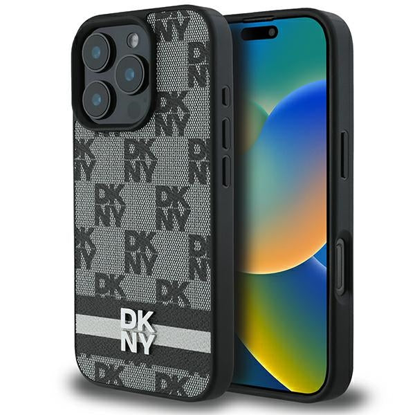DKNY iPhone 16 Pro Max - Checkered Pattern and Printed Stripes Σκληρή Θήκη με Επένδυση Συνθετικού Δέρματος - Black