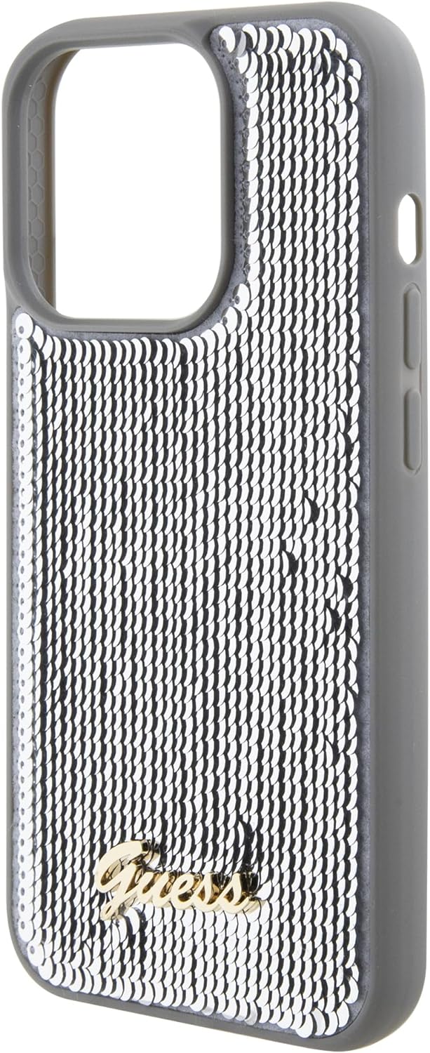 Guess iPhone 15 Pro Max - Sequin Script Metal Σκληρή Θήκη με Επένδυση από Παγέτες - Silver - GUHCP15XPSFDGSS