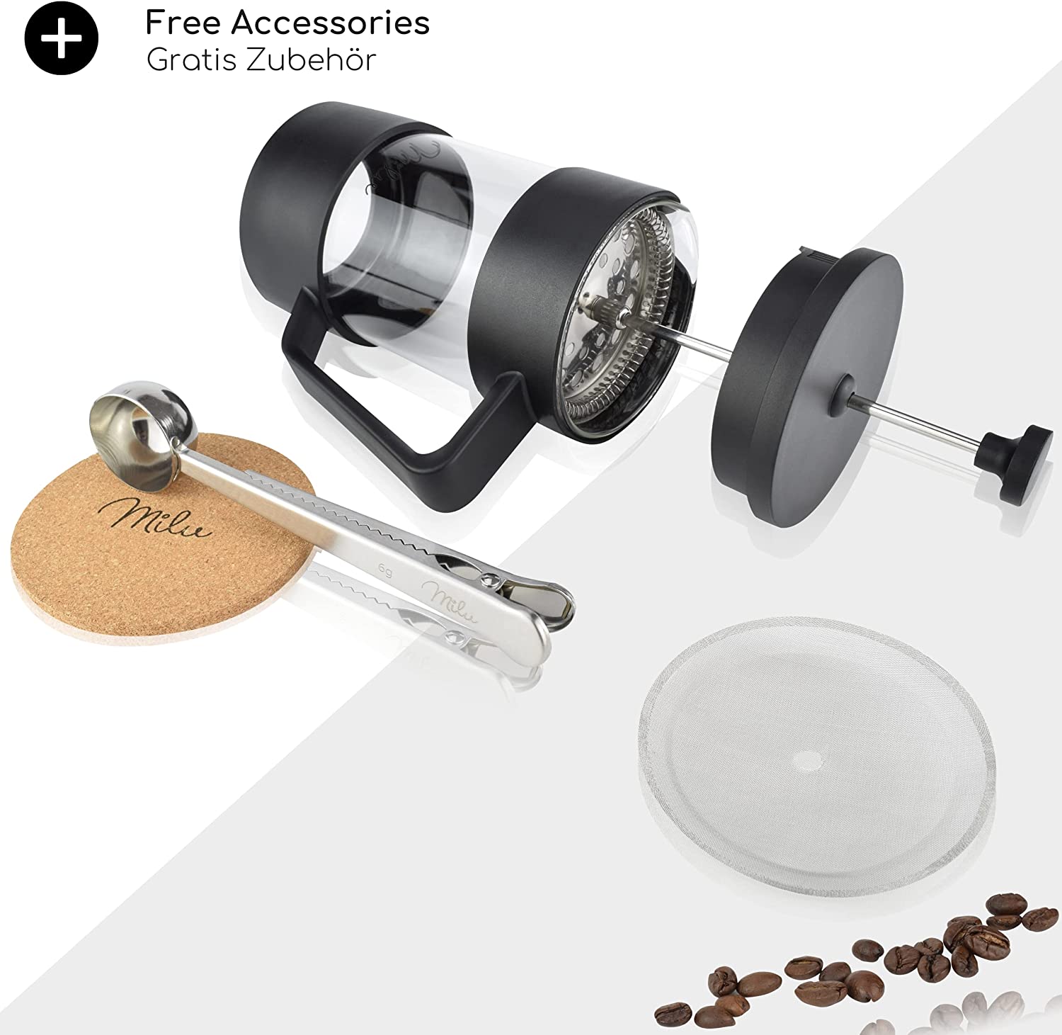 Milu French Press Coffee Maker Γαλλική Γυάλινη Καφετιέρα - Πρέσα Καφέ - 600ml - Black - 5078