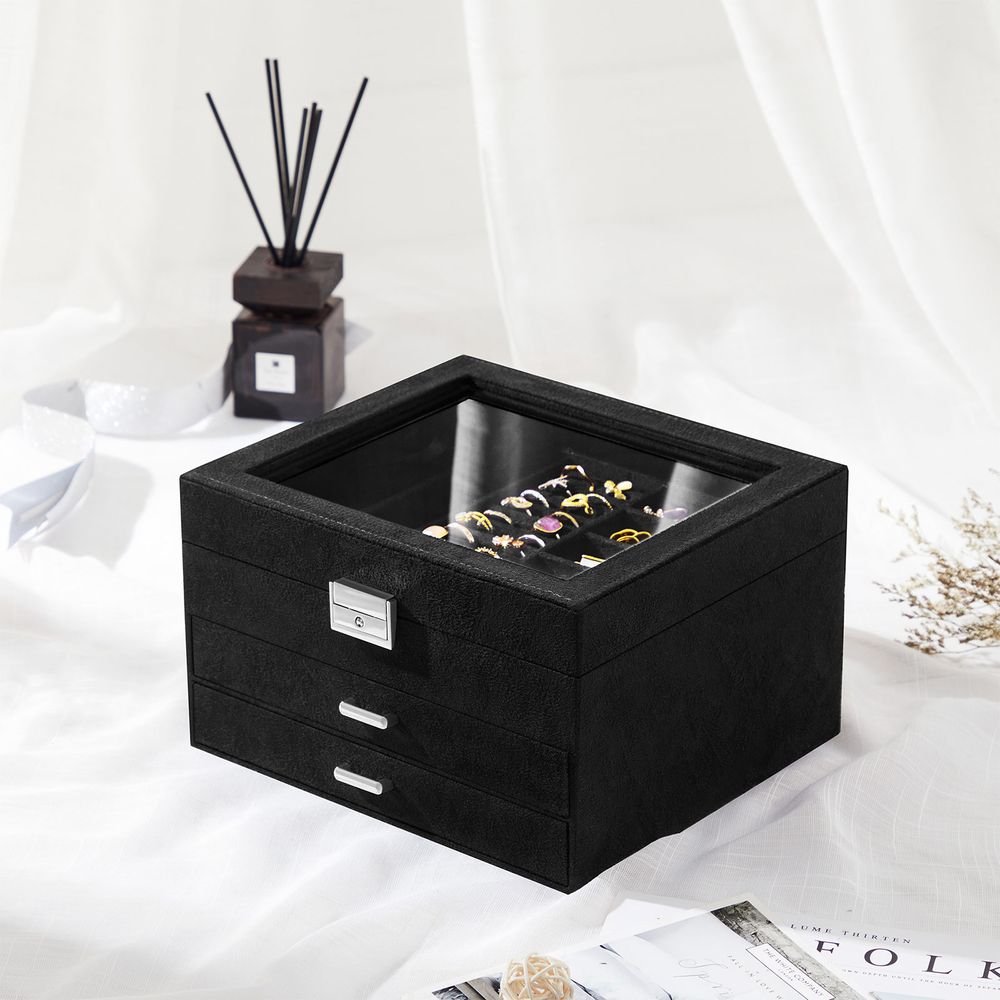 Songmics Κουτί Αποθήκευσης Κοσμημάτων με Συρτάρια και Γυάλινο Καπάκι - Black - JBC158B01