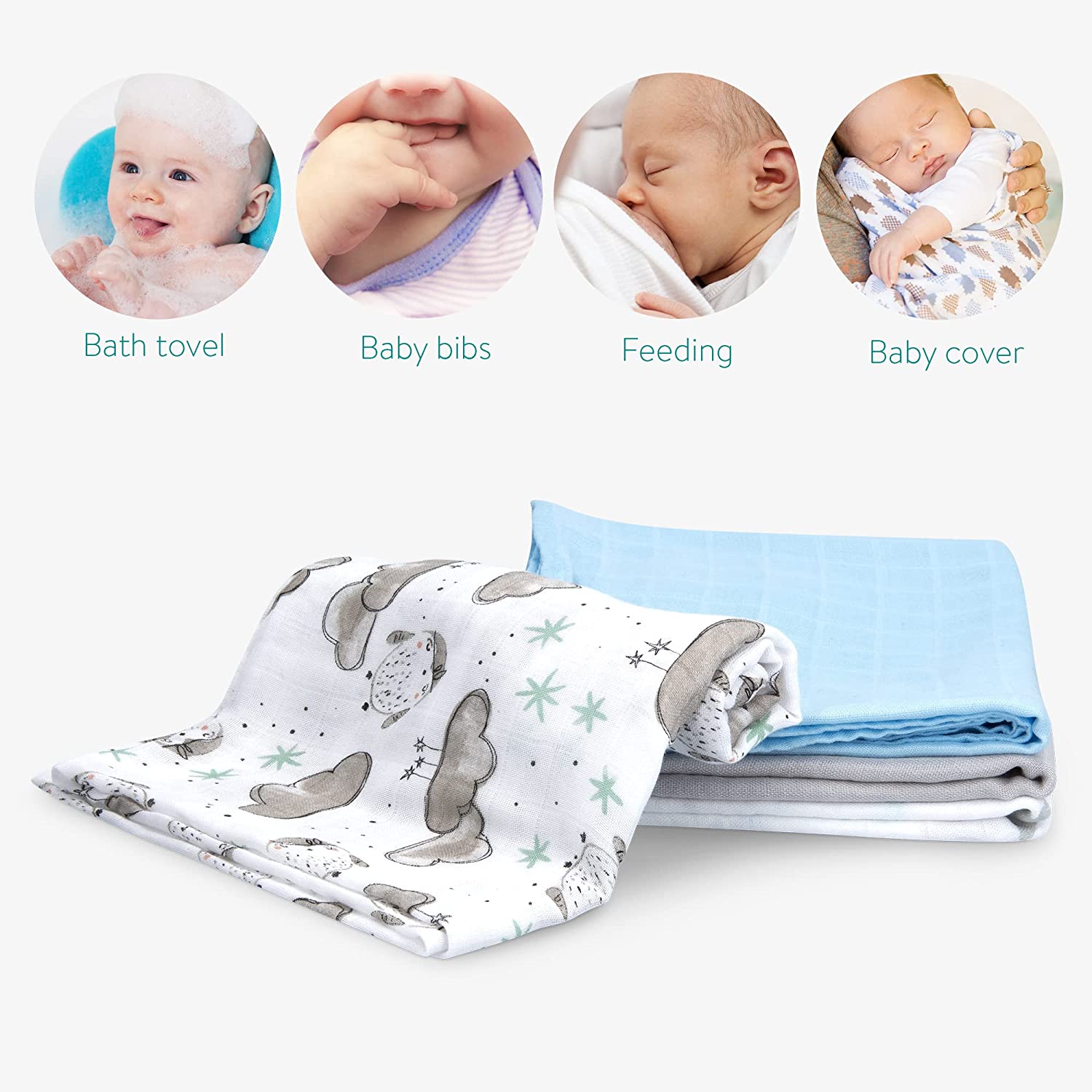 Navaris Σετ με 4 Πάνες Αγκαλιάς από Μουσελίνα για Μωρά - 80 x 80 cm - Design Clouds - 51484.01