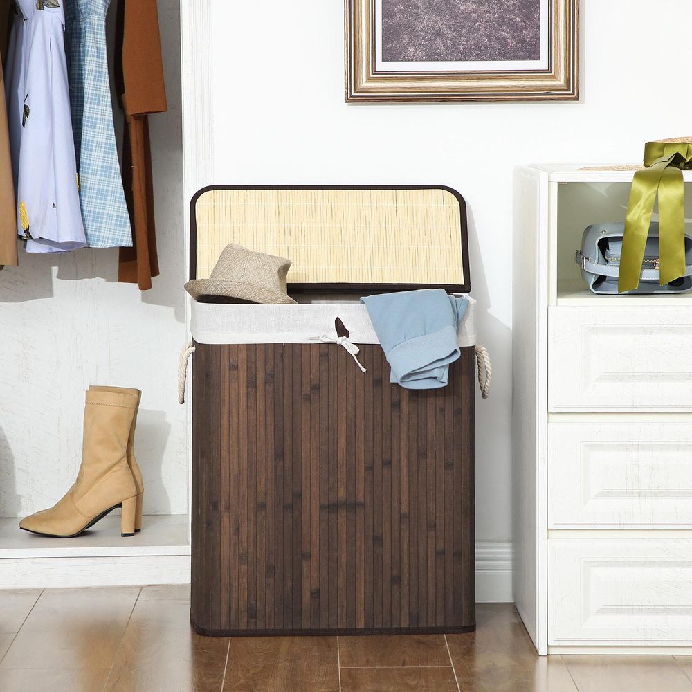 Songmics Καλάθι Απλύτων από Μπαμπού με 2 Εσωτερικά Διαμερίσματα -100L - Brown - LCB72Z