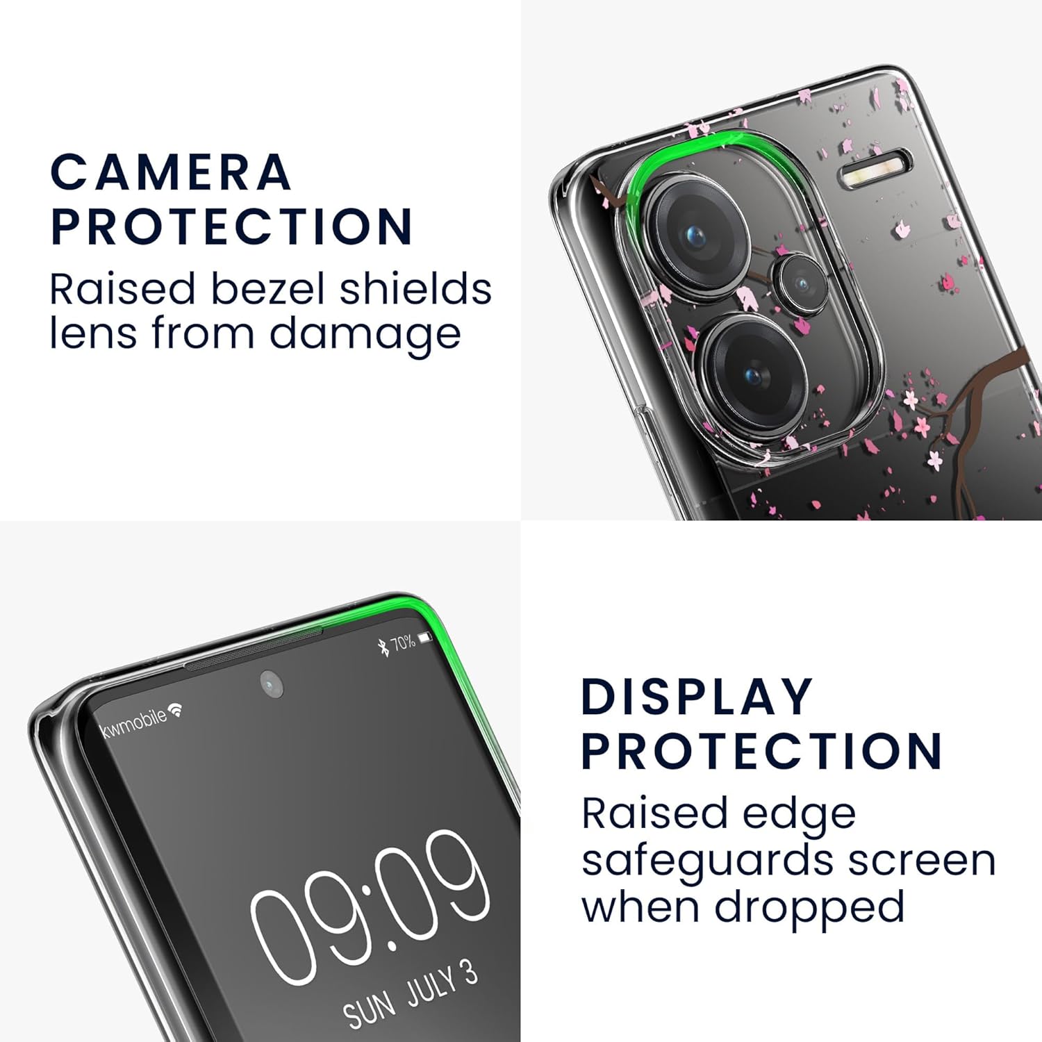 KW Xiaomi Redmi Note 13 Pro+ 5G Θήκη Σιλικόνης TPU με Αντιχαρακτικό Γυαλί - Design Cherry Blossoms Petals - Pink / Dark Brown / Διάφανη