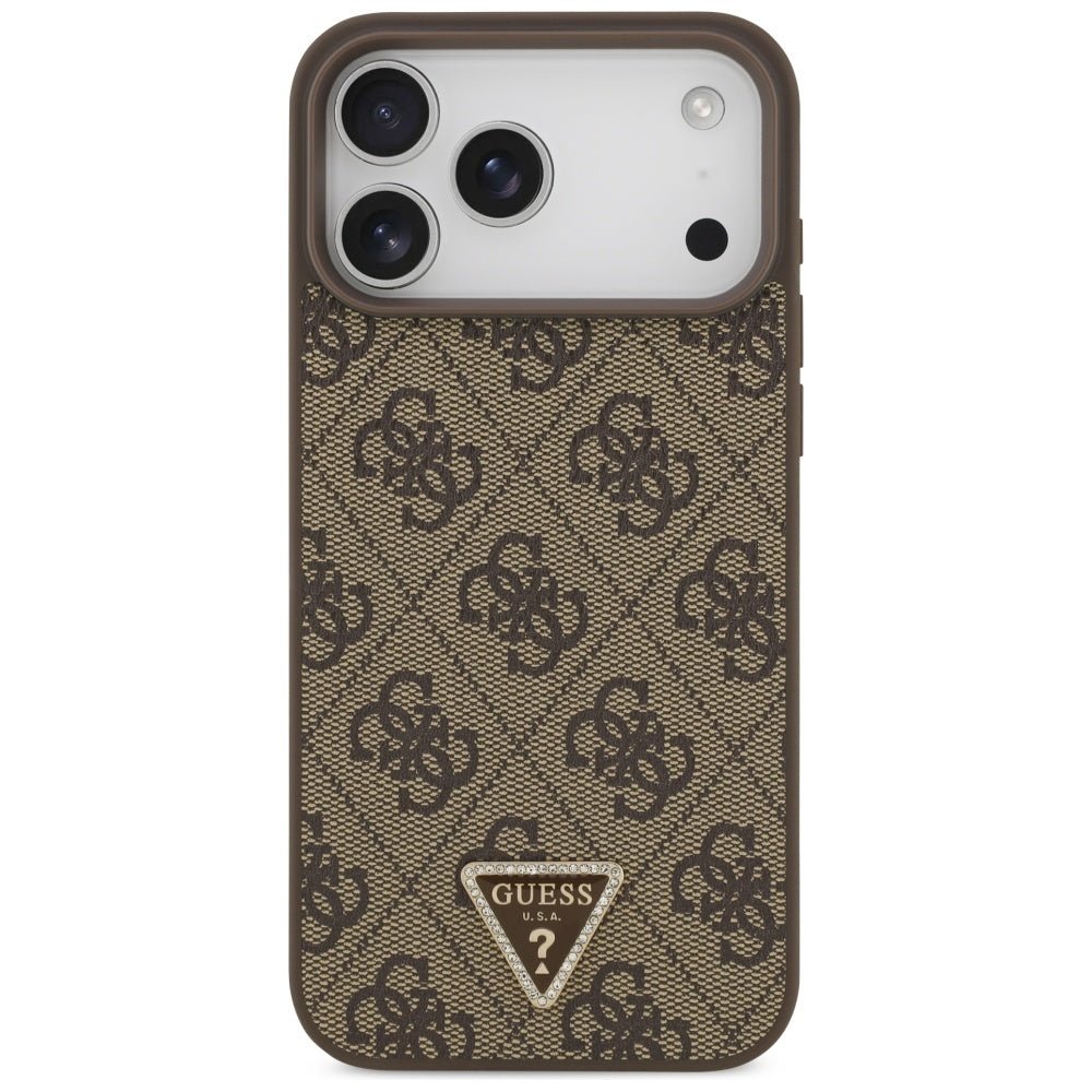 Guess iPhone 17 Pro Max - 4G Triangle Strass MagSafe - Σκληρή Θήκη με Επένδυση Συνθετικού Δέρματος - Brown - GUHMP17XP4TDPLW