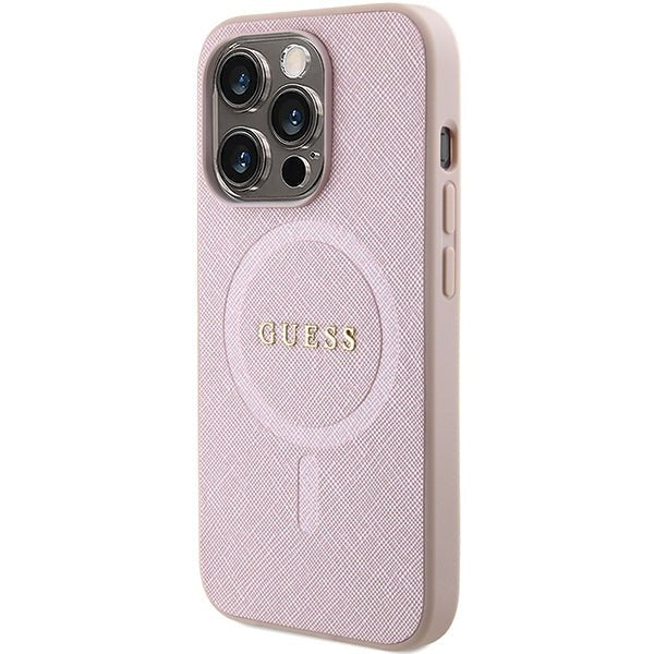 Guess iPhone 15 Pro Saffiano MagSafe Σκληρή Θήκη με Πλαίσιο Σιλικόνης και MagSafe - Pink - GUHMP15LPSAHMCP
