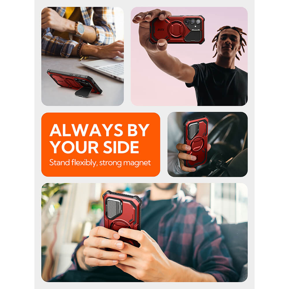 Supcase Samsung Galaxy S25 Armorbox Magsafe Σκληρή Θήκη με Προστασία Οθόνης και Κάλυμμα Κάμερας / Stand - Metallic Red