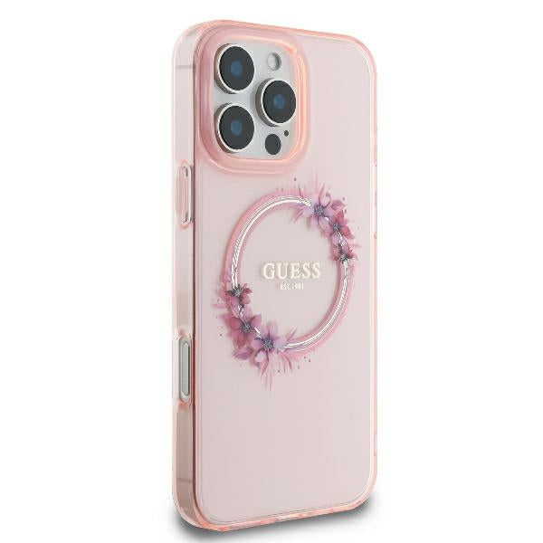 Guess iPhone 16 Pro - IML Flowers Wreath - MagSafe Σκληρή Θήκη με Πλαίσιο Σιλικόνης - Pink - GUHMP16LHFWFCP