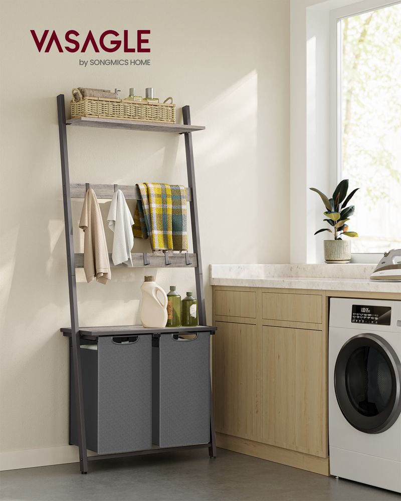 Vasagle Καλάθι Απλύτων 2 Διαμερισμάτων με Ράφι και Βάση για Πετσέτες - 73 x 33 x 177 cm - 92L - Greige / Grey - BLH221G01