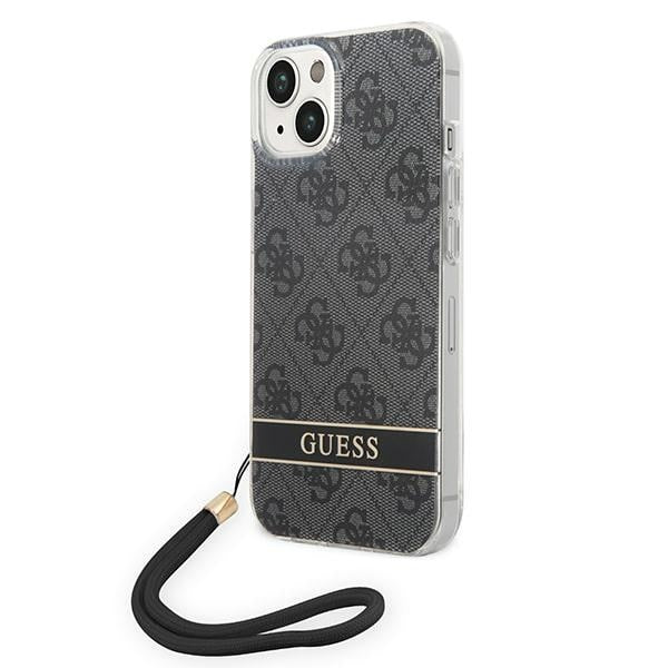 Guess iPhone 14 Plus 4G Print Strap Σκληρή Θήκη με Πλαίσιο Σιλικόνης και Λουράκι - Black - GUOHCP14MH4STK