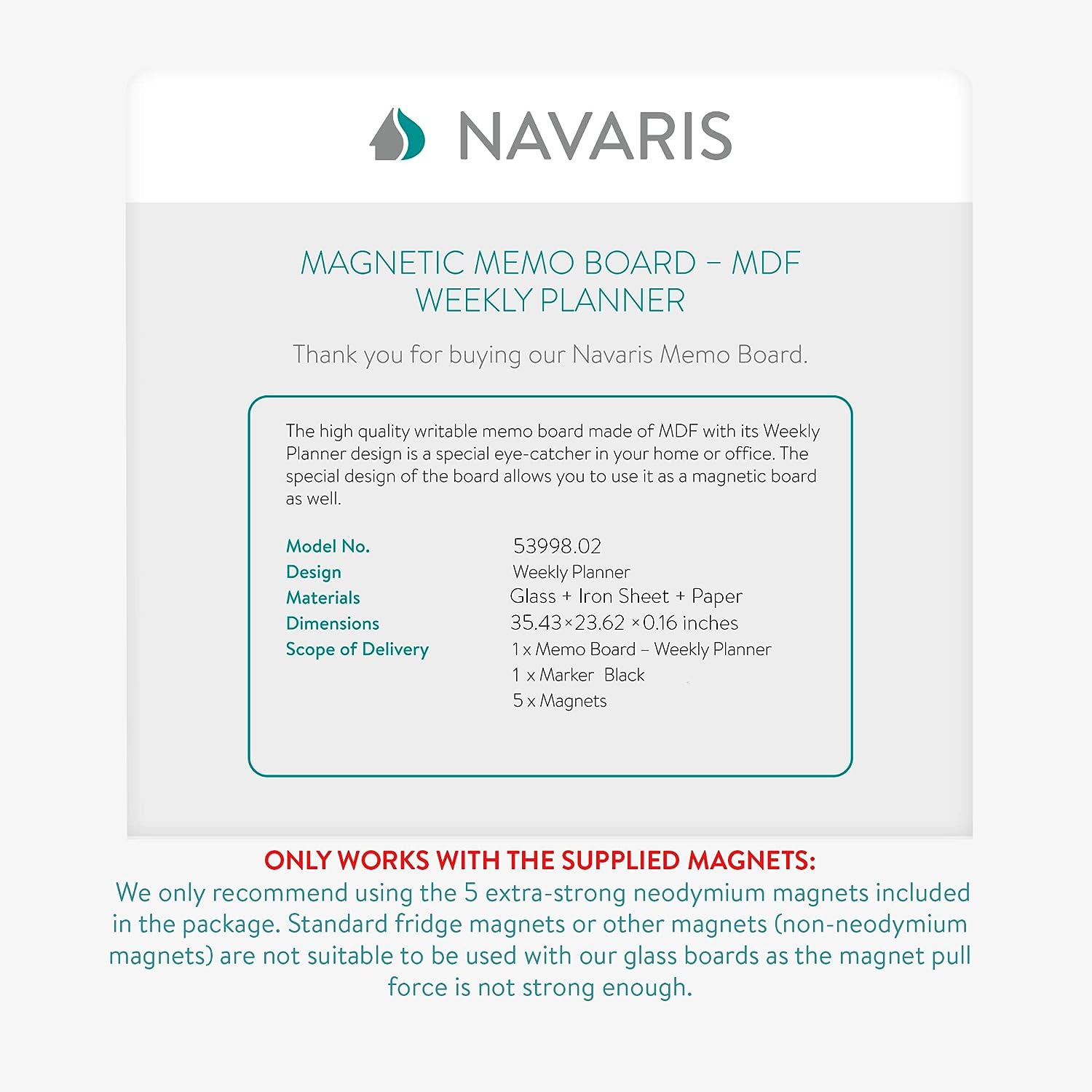 Navaris Μαγνητικός Γυάλινος Πίνακας Εβδομαδιαίου Χρονοδιαγράμματος - 90 x 60cm - White - 53998.02