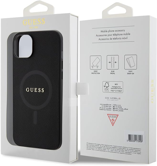 Guess iPhone 15 Saffiano MagSafe Σκληρή Θήκη με Πλαίσιο Σιλικόνης και MagSafe - Black - GUHMP15SPSAHMCK