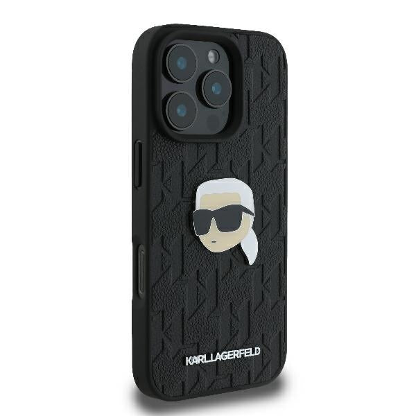 Karl Lagerfeld iPhone 16 Pro - Monogram Karl Head Pin Σκληρή Θήκη με Επένδυση Συνθετικού Δέρματος - Black - KLHCP16LPGKLKIPK