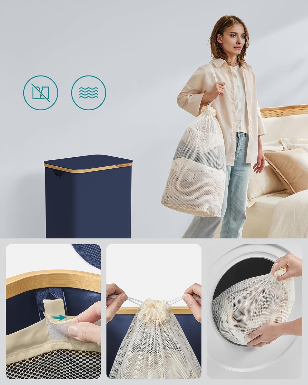 Songmics Καλάθι Απλύτων με Καπάκι και Αποσπώμενη Εσωτερική Θήκη - 90L - Charcoal Blue - LCB509Q01