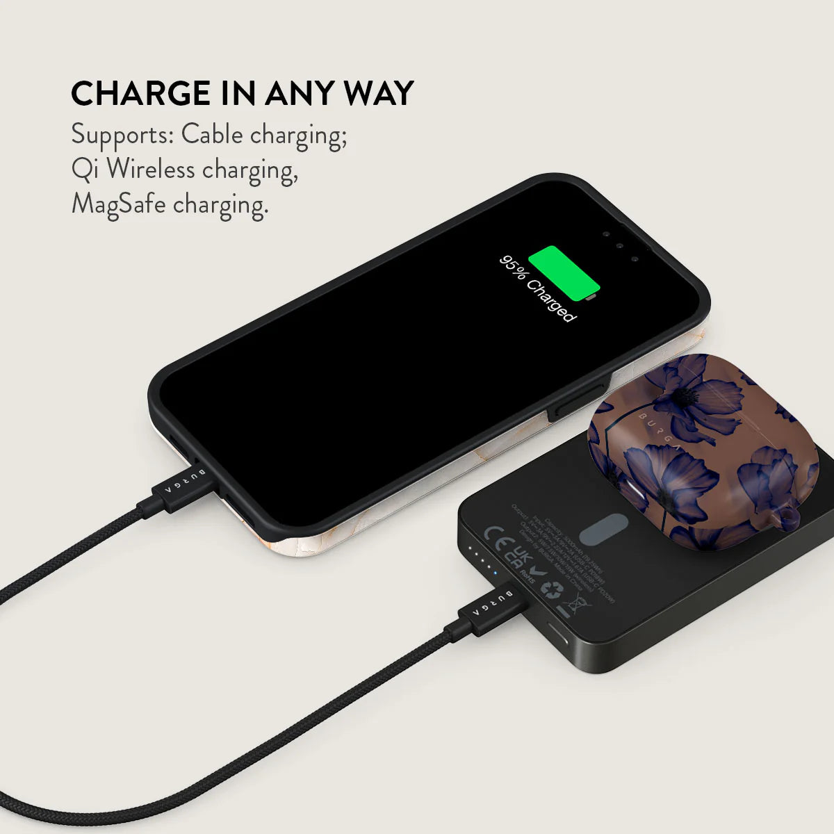 Burga Μαγνητικό Ασύρματο MagSafe PowerBank 5000mAh με Καλώδιο Type-C to Type-C - Gunmetal - Velvet Night