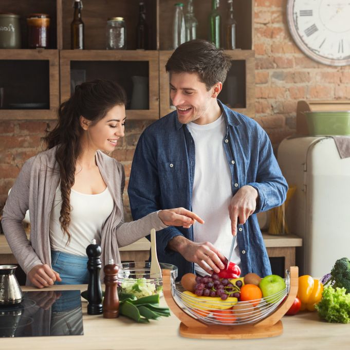 Relaxdays Καλάθι Φρούτων από Μπαμπού και Ανοξείδωτο Ατσάλι - Brown / Silver - 4052025288501