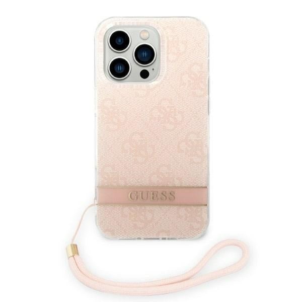 Guess iPhone 14 Pro 4G Print Strap Σκληρή Θήκη με Πλαίσιο Σιλικόνης και Λουράκι - Pink - GUOHCP14LH4STP