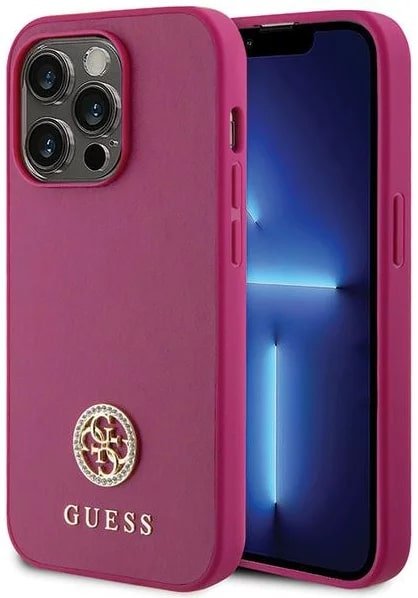 Guess iPhone 15 Pro 4G Strass Metal Logo Θήκη με Επένδυση Συνθετικού Δέρματος - Pink - GUHCP15LPS4DGPP