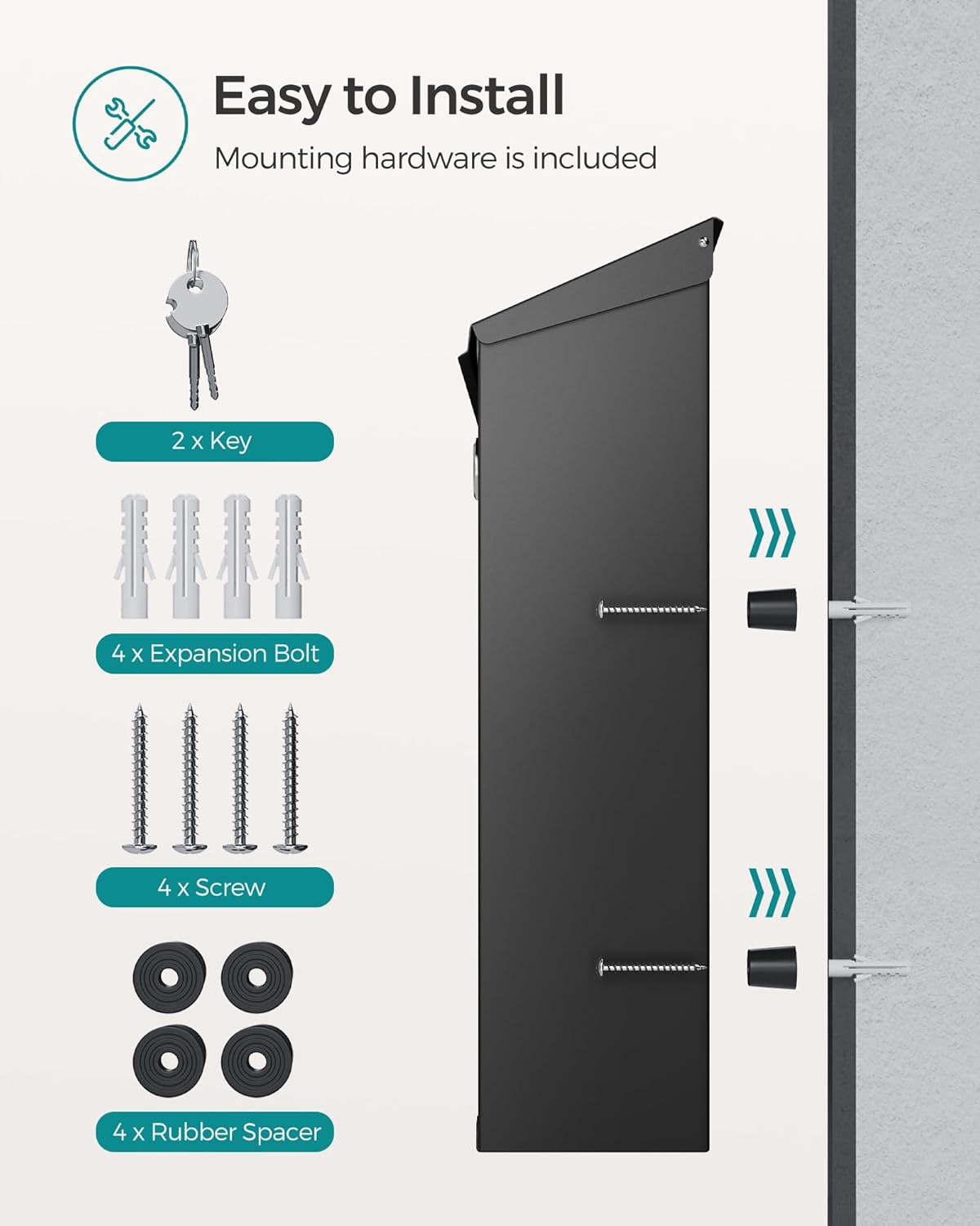 Songmics Επιτοίχιο Μεταλλικό Γραμματοκιβώτιο με Κλειδαριά - Black - GMB031B02