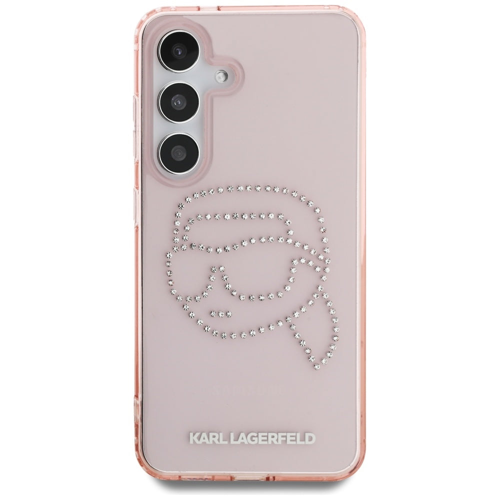 Karl Lagerfeld Samsung Galaxy S25 - Rhinestones Karl Head Logo - Σκληρή Θήκη με Πλαίσιο Σιλικόνης - Pink - KLHCS25SHKHDCELP