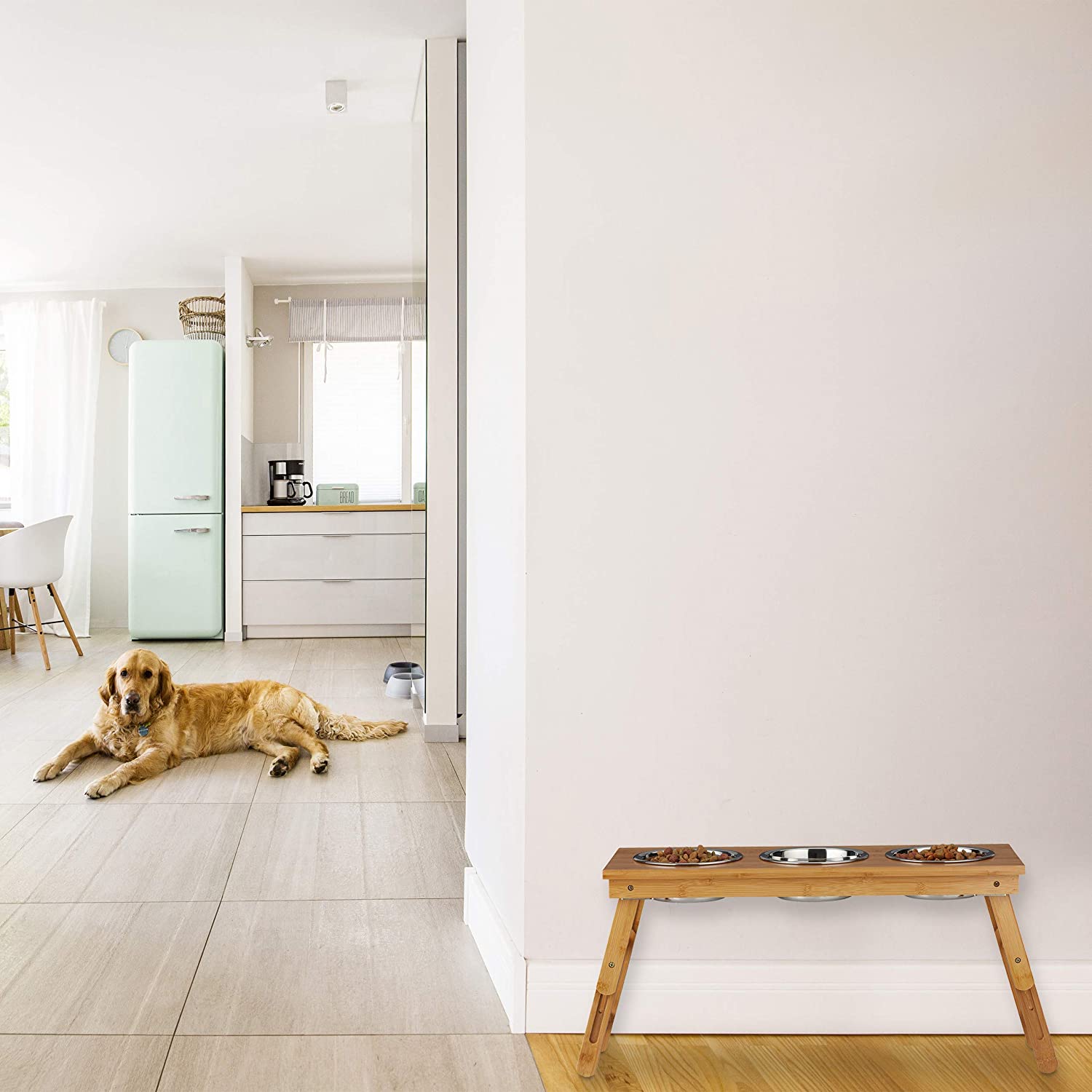 Relaxdays Foldable Bowl Stand - Αναδιπλούμενο Σταντ με 3 Μπολ για Νερό και Τροφή - 700 ml - Natural - 4052025916084