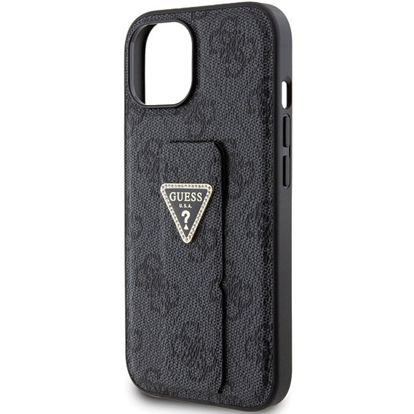 Guess iPhone 15 Grip Stand 4G Triangle Strass Logo Θήκη με Επένδυση Συνθετικού Δέρματος και Stand - Black - GUHCP15SPGS4TDK