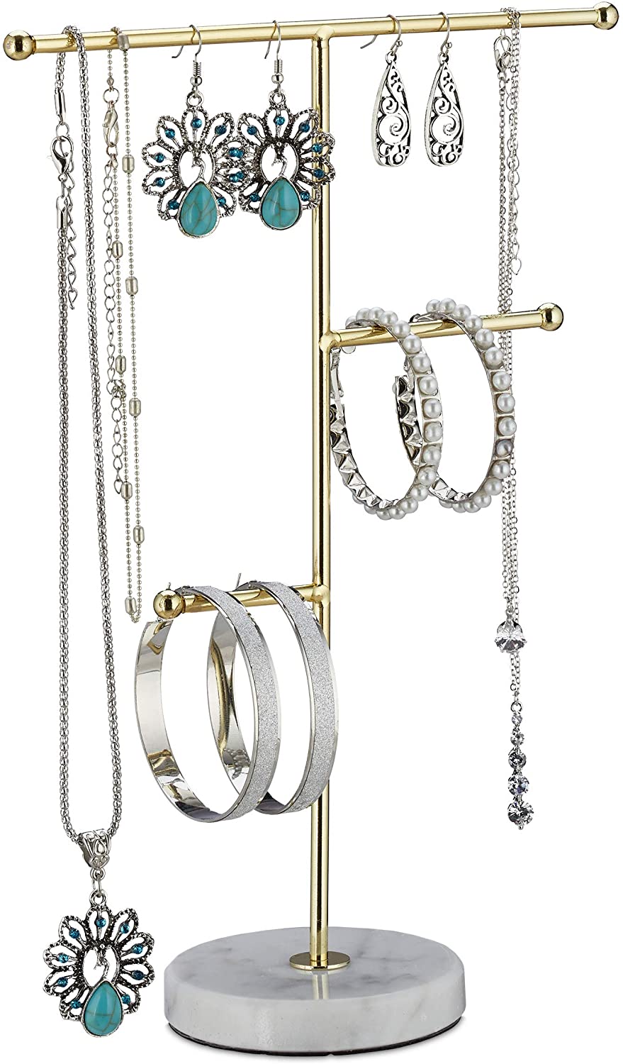 Relaxdays Μεταλλικό Stand Κοσμημάτων με Μαρμάρινη Βάση - White / Gold - 4052025330163