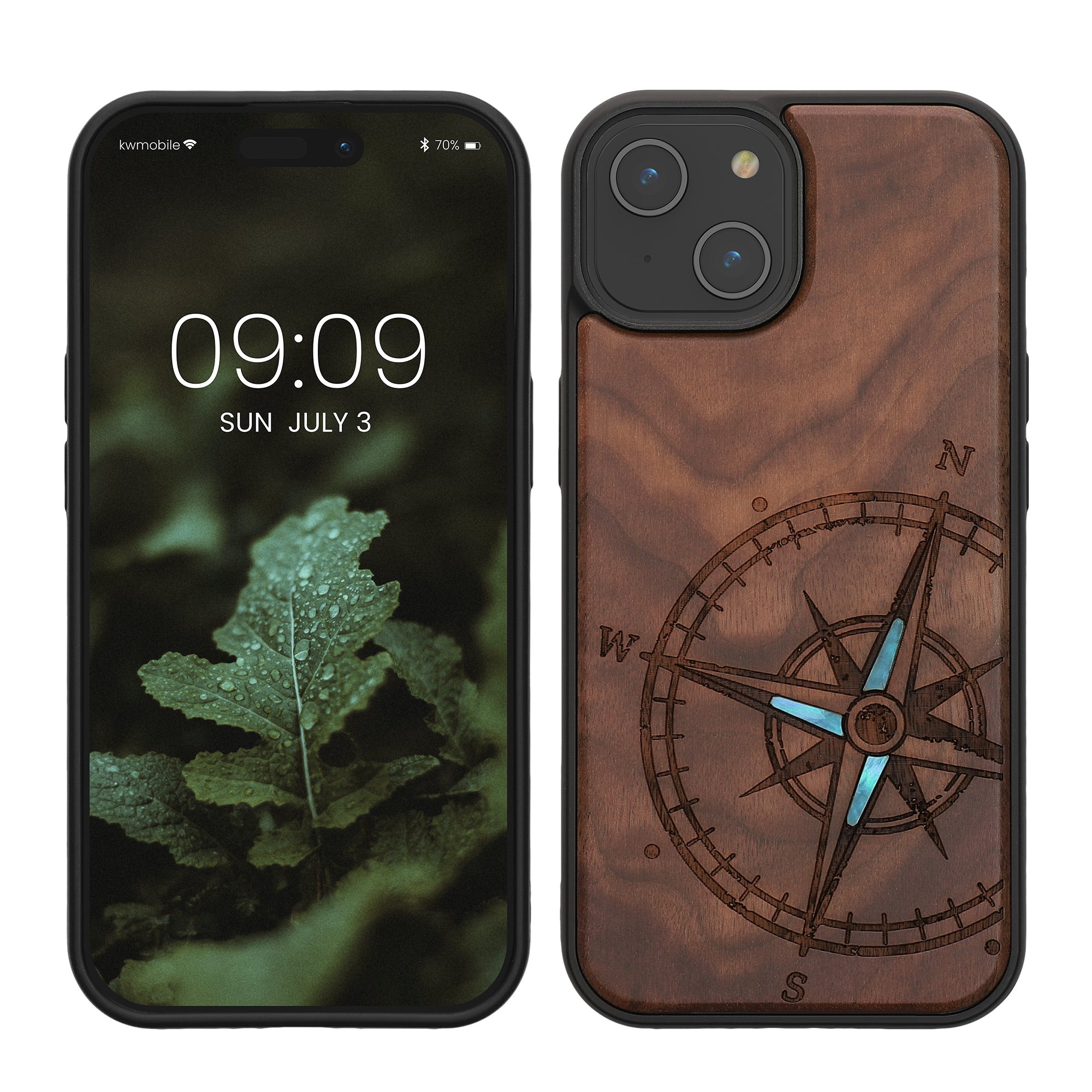 KW iPhone 15 Θήκη από Φυσικό Ξύλο - Design Navigational Compass Mother of Pearl - Dark Brown