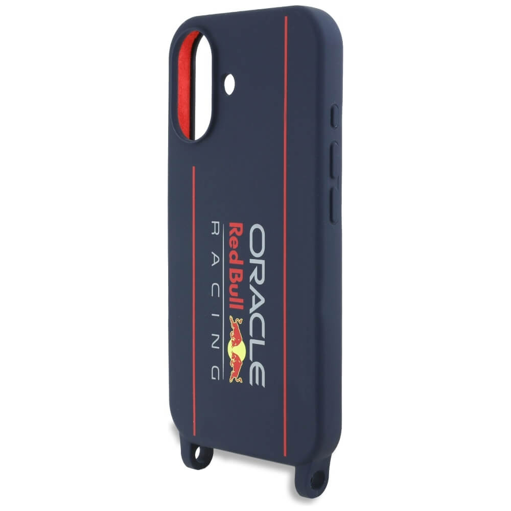 Red Bull iPhone 16 - Silicone Strap and Vertical Logo - MagSafe Σκληρή Θήκη με Πλαίσιο Σιλικόνης και Λουράκι - Navy Blue - RBHMP16S24SISOLRV