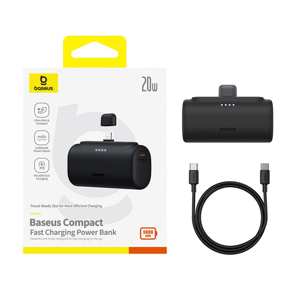 Baseus Compact Series Lightning - PowerBank 5000mAh 20W με Καλώδιο Type-C to Type-C - Black - P10068307113-00