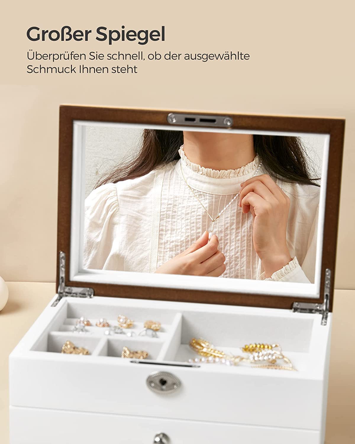 Songmics Ξύλινο Κουτί Αποθήκευσης Κοσμημάτων με 3 Επίπεδα - 24,5 x 17 x 14,5 cm - White / Natural - JOW15WNV1