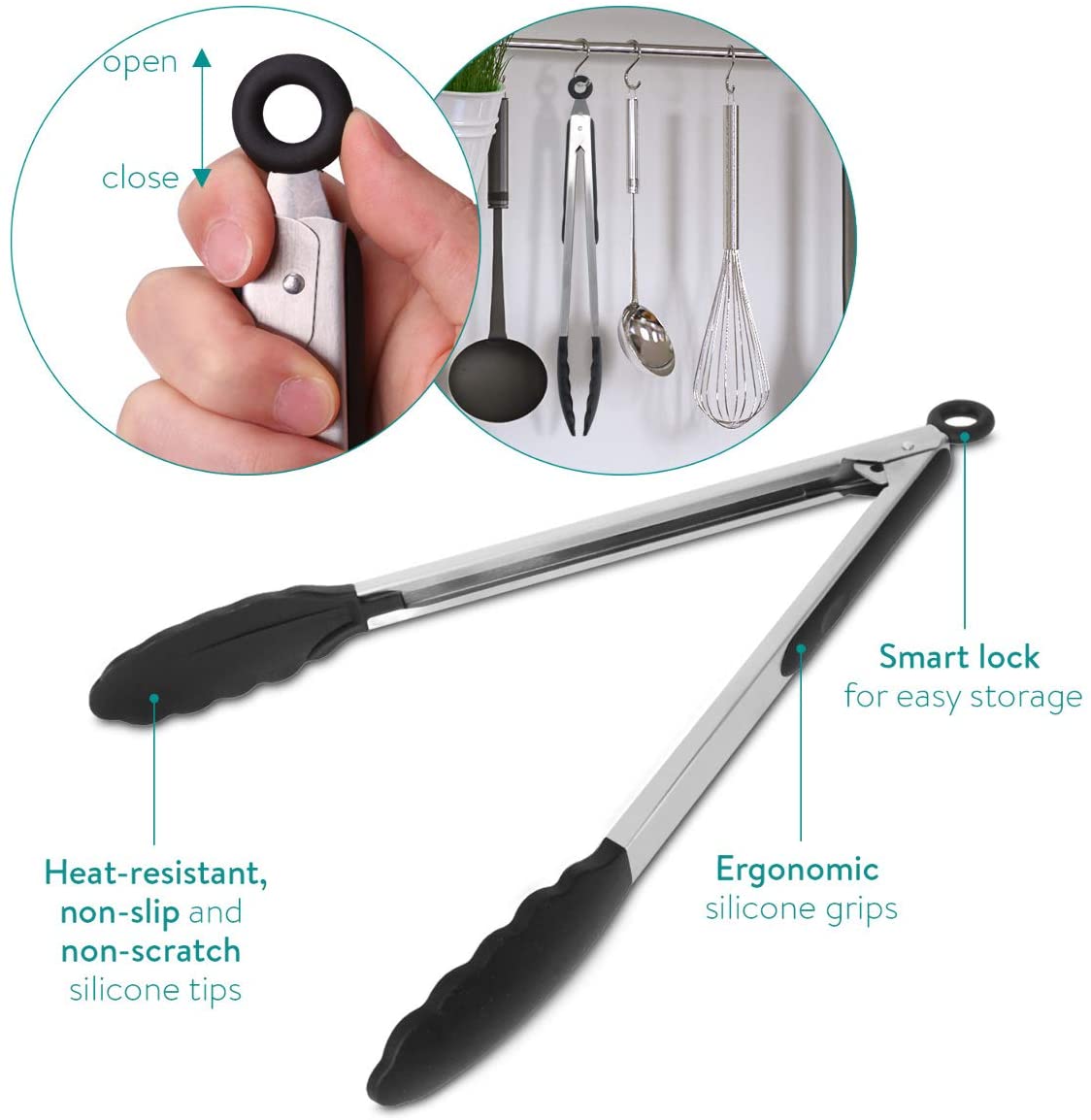 Navaris Σετ Με 2 Λαβίδες Κουζίνας Πολλαπλών Χρήσεων Από Ανοξείδωτο Ατσάλι Και Σιλικόνη - Black - 48716.01