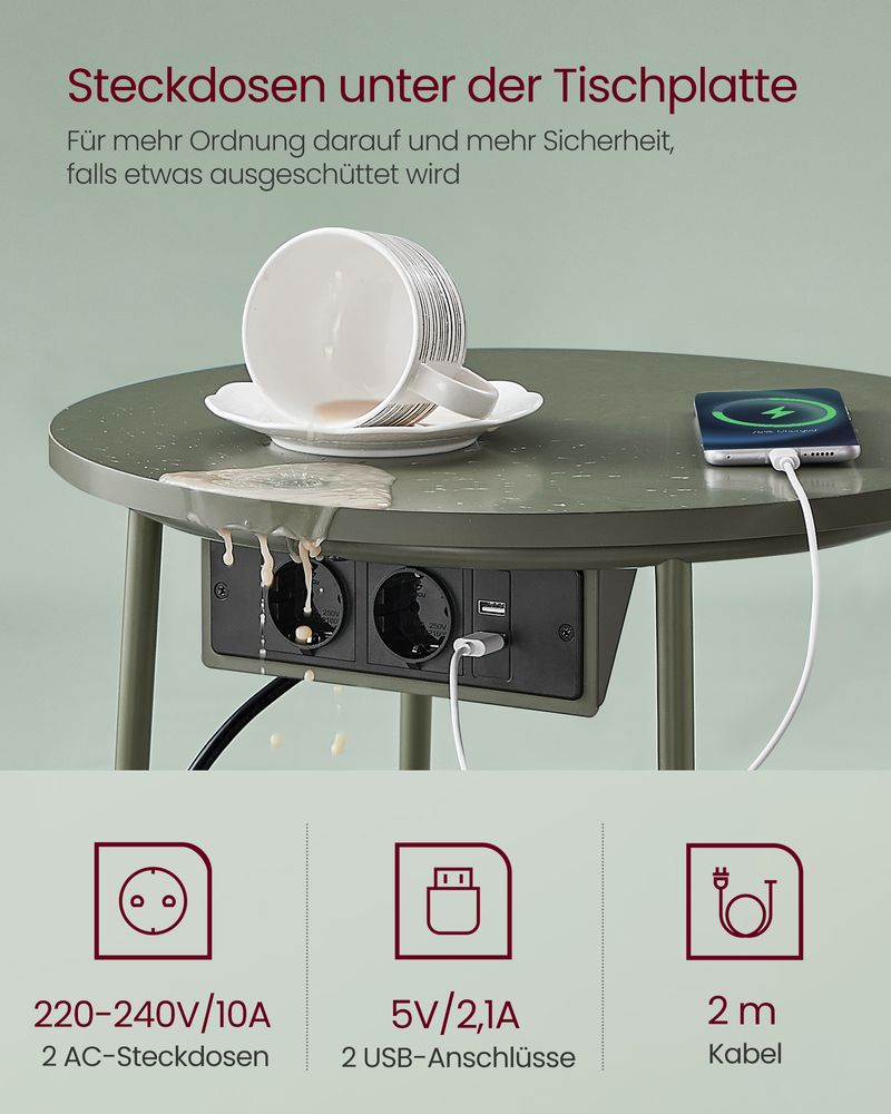 Vasagle Στρόγγυλο Βοηθητικό Τραπέζι με Υφασμάτινο Καλάθι Αποθήκευσης και Ενσωματωμένο Πολύπριζο - Forest Green / Cream White - LET228C05