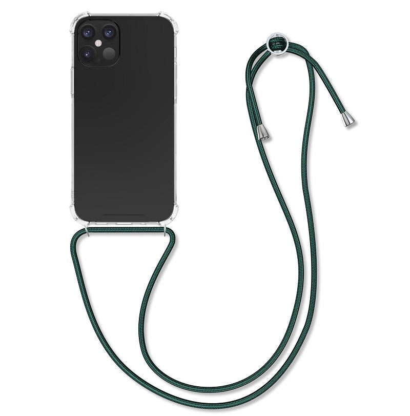 KW iPhone 12 Pro Θήκη Σιλικόνης TPU με Λουράκι - Διάφανη / Dark Green - 52730.80