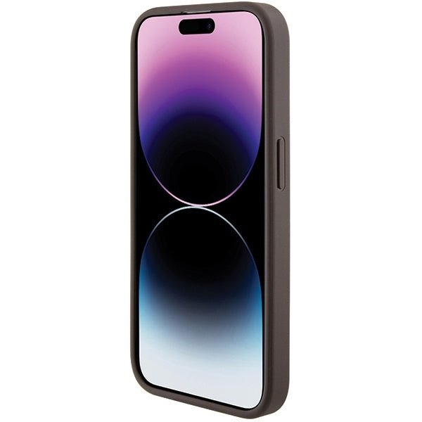 Guess iPhone 15 Pro Grip Stand 4G Triangle Strass Logo Θήκη με Επένδυση Συνθετικού Δέρματος και Stand - Brown - GUHCP15LPGS4TDW