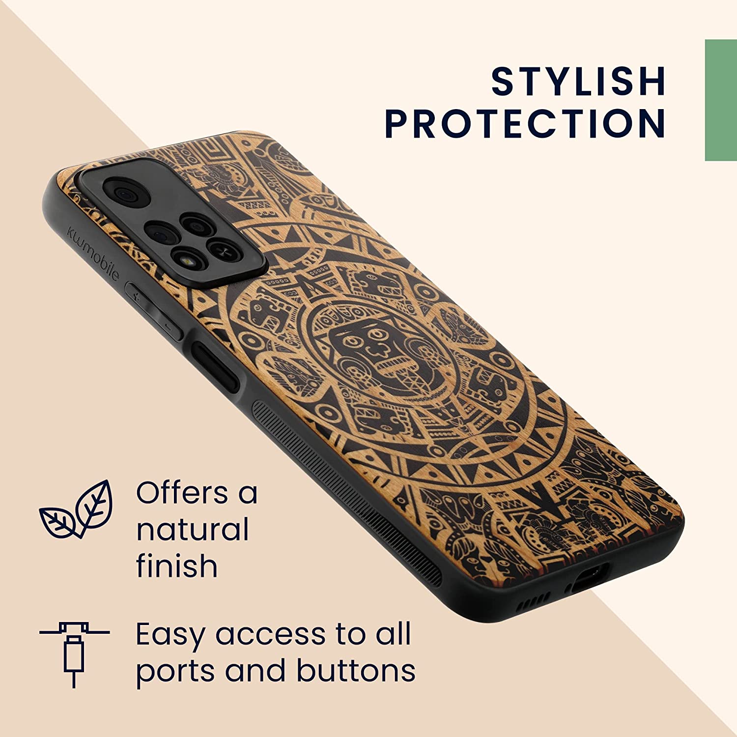 KW Xiaomi Redmi Note 11 Pro+ 5G Θήκη από Φυσικό Ξύλο - Design Maya Calendar Art - Light Brown / Black - 58100.02