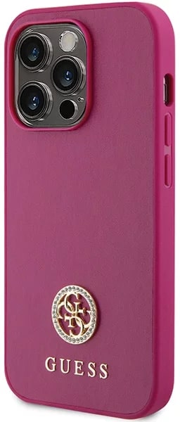 Guess iPhone 15 Pro 4G Strass Metal Logo Θήκη με Επένδυση Συνθετικού Δέρματος - Pink - GUHCP15LPS4DGPP