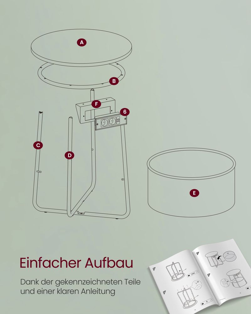 Vasagle Στρόγγυλο Βοηθητικό Τραπέζι με Υφασμάτινο Καλάθι Αποθήκευσης και Ενσωματωμένο Πολύπριζο - Forest Green / Cream White - LET228C05