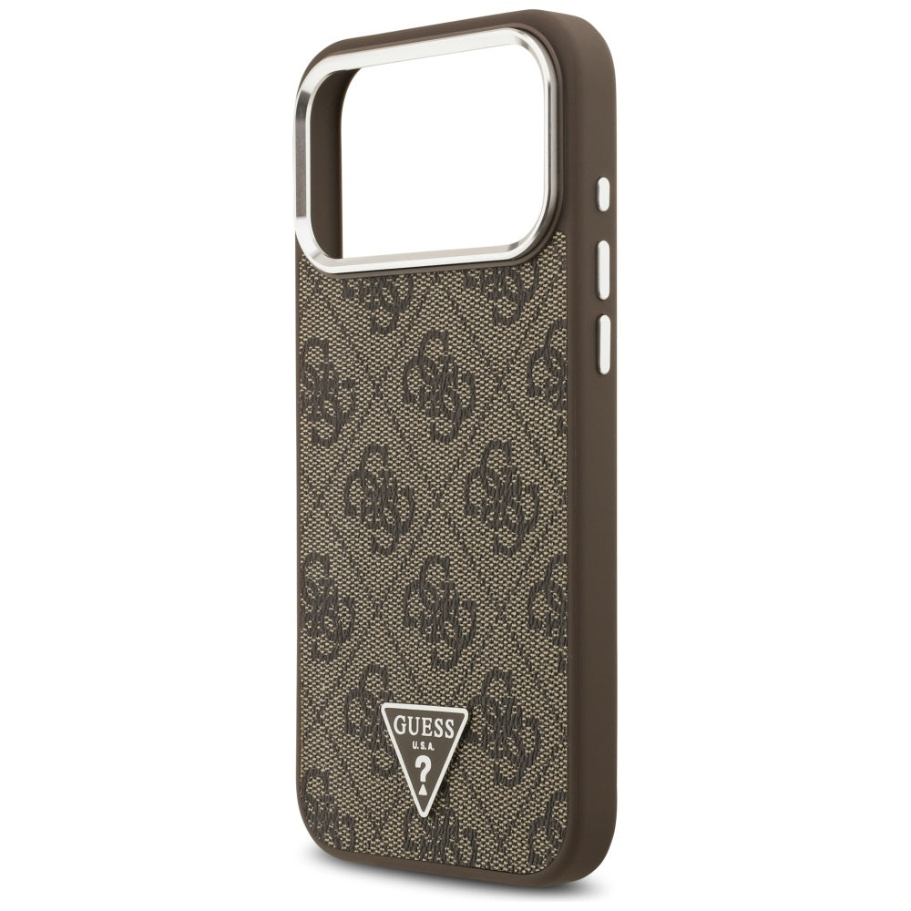 Guess iPhone 17 Pro Max - 4G Triangle Logo MagSafe - Σκληρή Θήκη με Πλαίσιο Σιλικόνης και Επένδυση Συνθετικού Δέρματος - Brown / Silver - GUHMP17XP4TSRCMW
