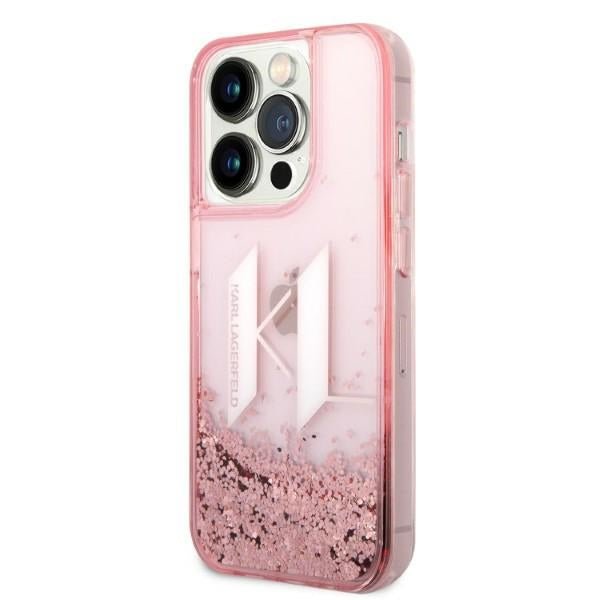Karl Lagerfeld iPhone 14 Pro - Liquid Glitter Big KL Σκληρή Θήκη με Πλαίσιο Σιλικόνης - Διάφανη / Pink - KLHCP14LLBKLCP