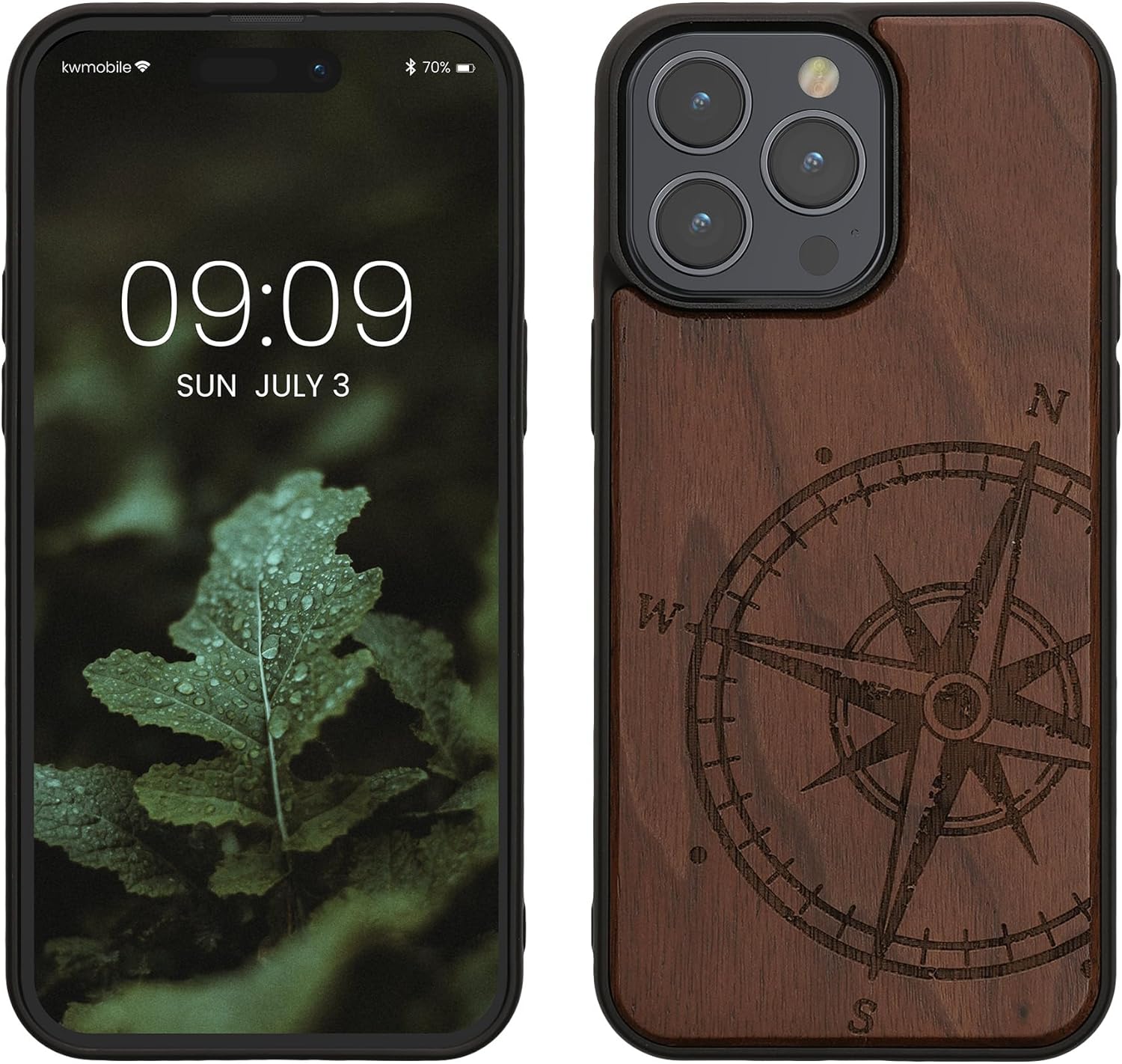 KW iPhone 15 Pro Max Θήκη από Φυσικό Ξύλο - Design Vintage Compass - Dark Brown