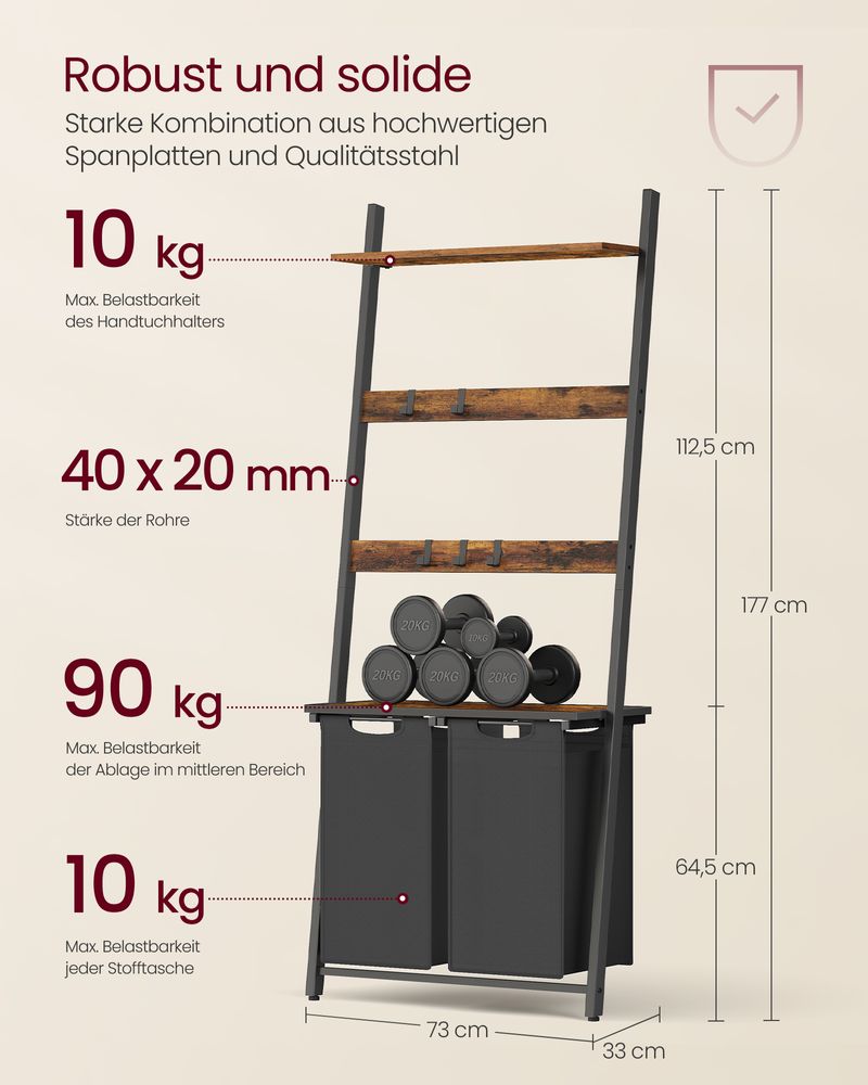 Vasagle Καλάθι Απλύτων 2 Διαμερισμάτων με Ράφι και Βάση για Πετσέτες - 73 x 33 x 177 cm - 92L - Vintage Brown / Black - BLH221B01