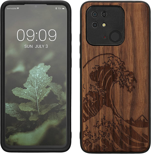 KW Xiaomi Redmi 10C Θήκη από Φυσικό Ξύλο - Design The Great Wave - Dark Brown - 59468.04